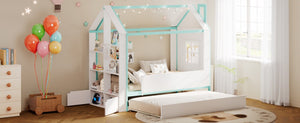 English Elm Twin House Bed with LED Headboard Pull Out Trundle and Foot End Storage Shelves White+Blue LP000004AAC