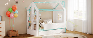 English Elm Twin House Bed with LED Headboard Pull Out Trundle and Foot End Storage Shelves White+Blue LP000004AAC
