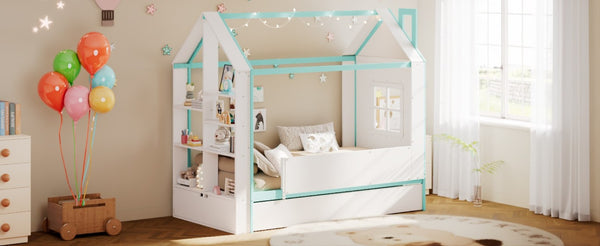 English Elm Twin House Bed with LED Headboard Pull Out Trundle and Foot End Storage Shelves White+Blue LP000004AAC