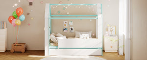 English Elm Twin House Bed with LED Headboard Pull Out Trundle and Foot End Storage Shelves White+Blue LP000004AAC