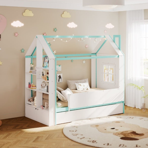 English Elm Twin House Bed with LED Headboard Pull Out Trundle and Foot End Storage Shelves White+Blue LP000004AAC