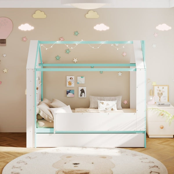 English Elm Twin House Bed with LED Headboard Pull Out Trundle and Foot End Storage Shelves White+Blue LP000004AAC