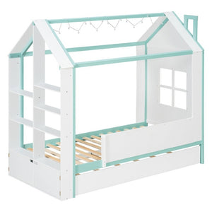 English Elm Twin House Bed with LED Headboard Pull Out Trundle and Foot End Storage Shelves White+Blue LP000004AAC