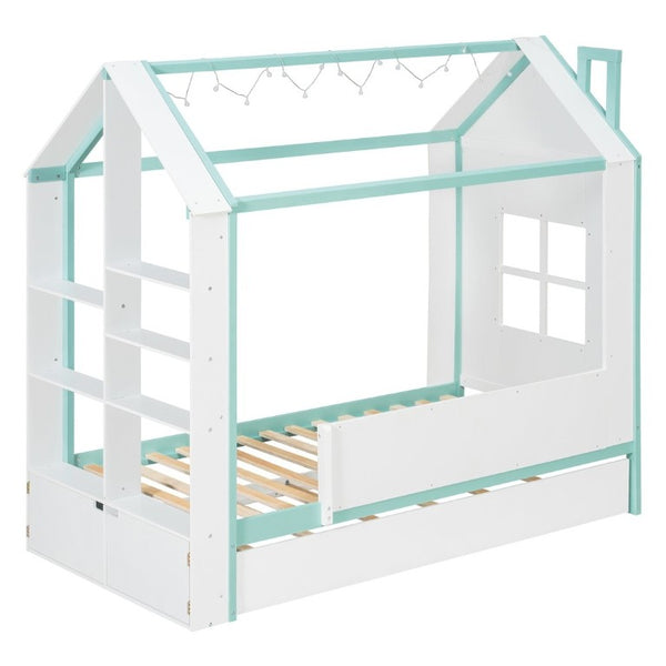 English Elm Twin House Bed with LED Headboard Pull Out Trundle and Foot End Storage Shelves White+Blue LP000004AAC