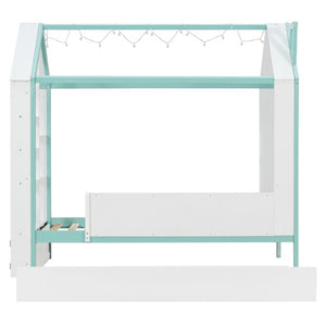 English Elm Twin House Bed with LED Headboard Pull Out Trundle and Foot End Storage Shelves White+Blue LP000004AAC