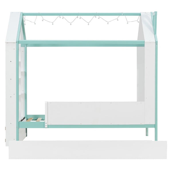 English Elm Twin House Bed with LED Headboard Pull Out Trundle and Foot End Storage Shelves White+Blue LP000004AAC