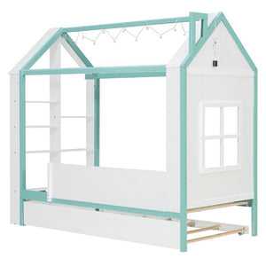 English Elm Twin House Bed with LED Headboard Pull Out Trundle and Foot End Storage Shelves White+Blue LP000004AAC