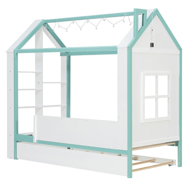 English Elm Twin House Bed with LED Headboard Pull Out Trundle and Foot End Storage Shelves White+Blue LP000004AAC