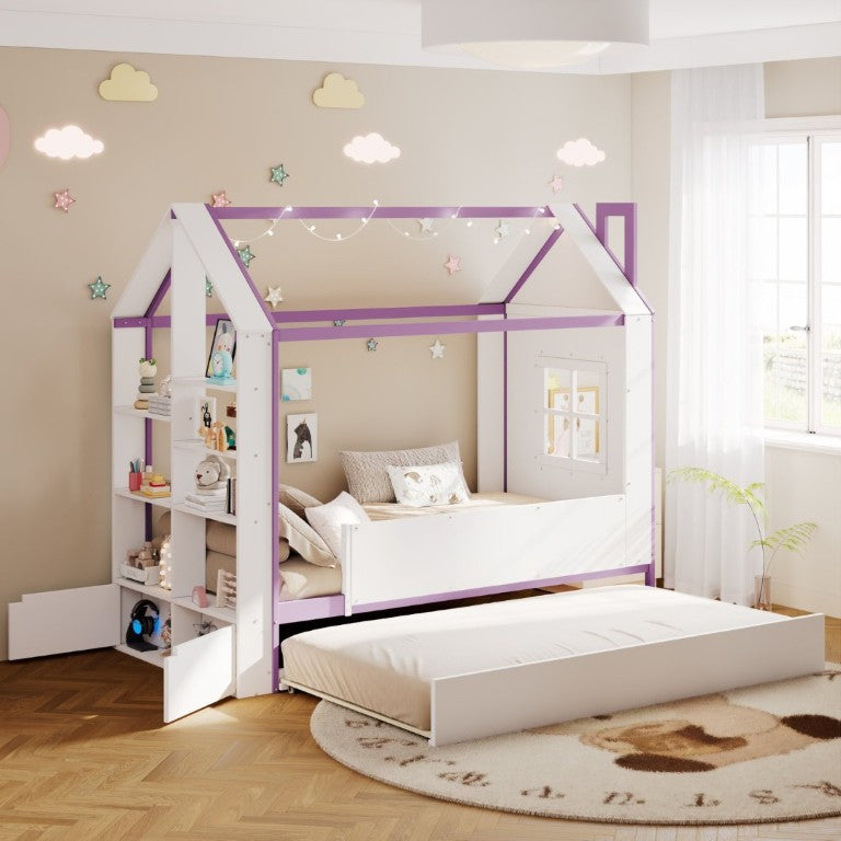 English Elm Twin House Bed with LED Headboard Pull Out Trundle and Foot End Storage Shelves White+Purple LP000004AAI
