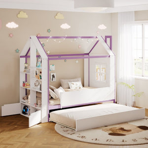 English Elm Twin House Bed with LED Headboard Pull Out Trundle and Foot End Storage Shelves White+Purple LP000004AAI