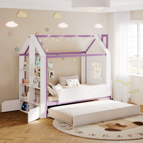English Elm Twin House Bed with LED Headboard Pull Out Trundle and Foot End Storage Shelves White+Purple LP000004AAI