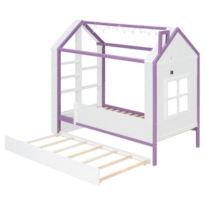 English Elm Twin House Bed with LED Headboard Pull Out Trundle and Foot End Storage Shelves White+Purple LP000004AAI