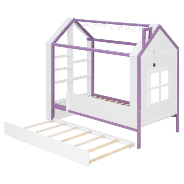 English Elm Twin House Bed with LED Headboard Pull Out Trundle and Foot End Storage Shelves White+Purple LP000004AAI