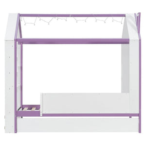 English Elm Twin House Bed with LED Headboard Pull Out Trundle and Foot End Storage Shelves White+Purple LP000004AAI