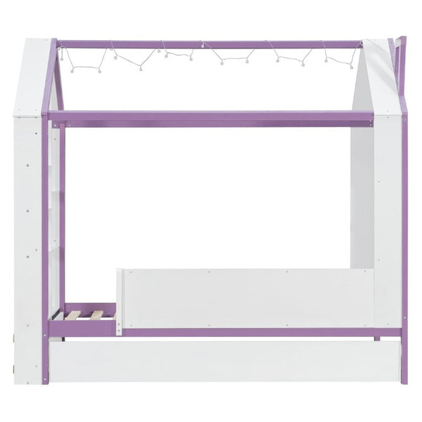 English Elm Twin House Bed with LED Headboard Pull Out Trundle and Foot End Storage Shelves White+Purple LP000004AAI