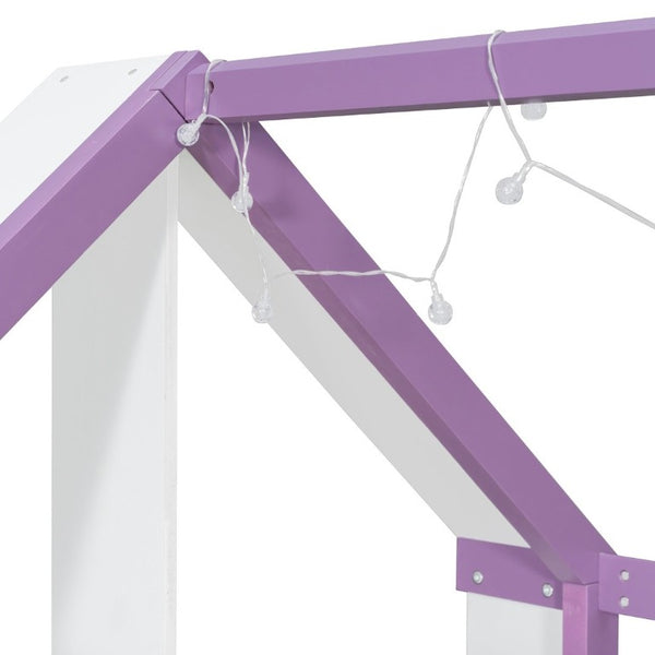 English Elm Twin House Bed with LED Headboard Pull Out Trundle and Foot End Storage Shelves White+Purple LP000004AAI
