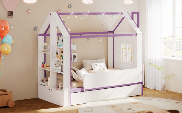 English Elm Twin House Bed with LED Headboard Pull Out Trundle and Foot End Storage Shelves White+Purple LP000004AAI