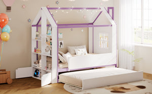 English Elm Twin House Bed with LED Headboard Pull Out Trundle and Foot End Storage Shelves White+Purple LP000004AAI