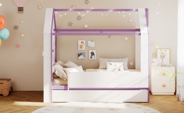 English Elm Twin House Bed with LED Headboard Pull Out Trundle and Foot End Storage Shelves White+Purple LP000004AAI
