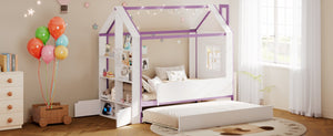 English Elm Twin House Bed with LED Headboard Pull Out Trundle and Foot End Storage Shelves White+Purple LP000004AAI