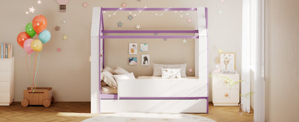English Elm Twin House Bed with LED Headboard Pull Out Trundle and Foot End Storage Shelves White+Purple LP000004AAI