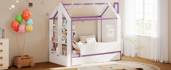 English Elm Twin House Bed with LED Headboard Pull Out Trundle and Foot End Storage Shelves White+Purple LP000004AAI