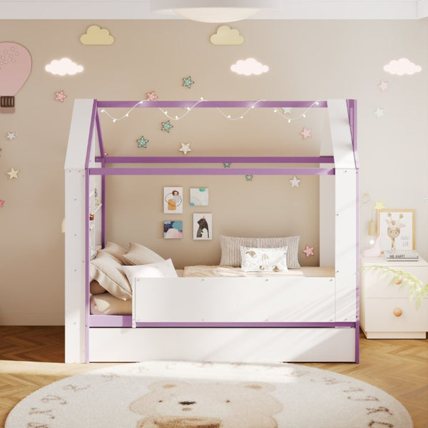 English Elm Twin House Bed with LED Headboard Pull Out Trundle and Foot End Storage Shelves White+Purple LP000004AAI