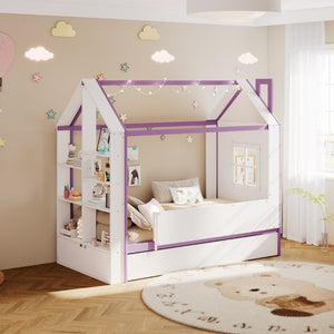 English Elm Twin House Bed with LED Headboard Pull Out Trundle and Foot End Storage Shelves White+Purple LP000004AAI