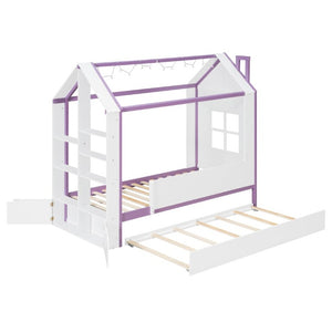 English Elm Twin House Bed with LED Headboard Pull Out Trundle and Foot End Storage Shelves White+Purple LP000004AAI