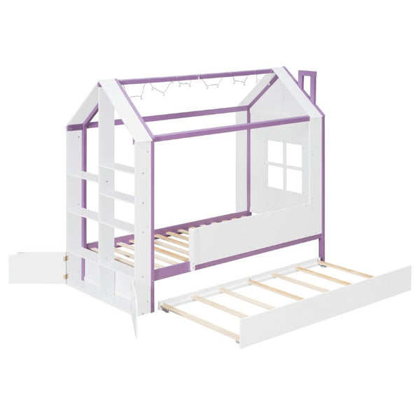 English Elm Twin House Bed with LED Headboard Pull Out Trundle and Foot End Storage Shelves White+Purple LP000004AAI