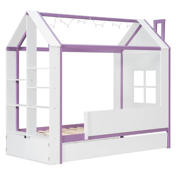 English Elm Twin House Bed with LED Headboard Pull Out Trundle and Foot End Storage Shelves White+Purple LP000004AAI