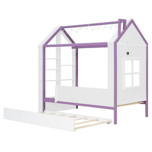 English Elm Twin House Bed with LED Headboard Pull Out Trundle and Foot End Storage Shelves White+Purple LP000004AAI