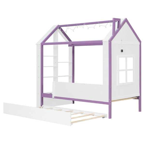 English Elm Twin House Bed with LED Headboard Pull Out Trundle and Foot End Storage Shelves White+Purple LP000004AAI