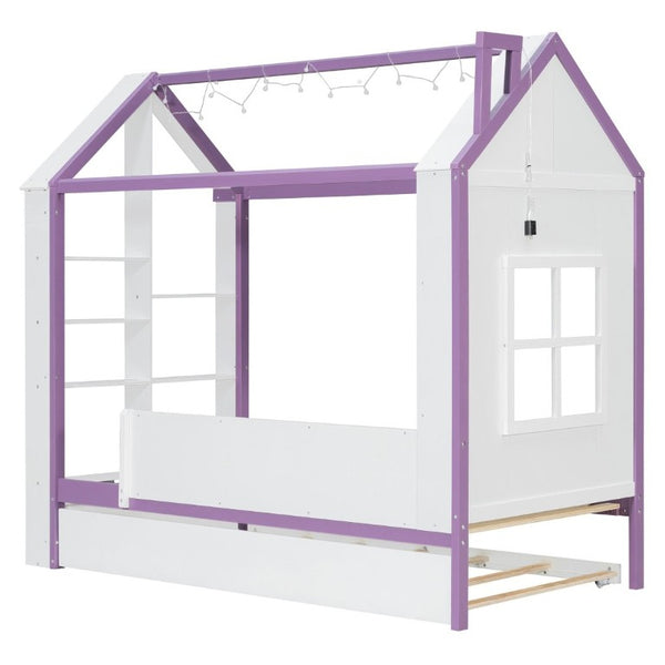 English Elm Twin House Bed with LED Headboard Pull Out Trundle and Foot End Storage Shelves White+Purple LP000004AAI