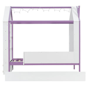 English Elm Twin House Bed with LED Headboard Pull Out Trundle and Foot End Storage Shelves White+Purple LP000004AAI