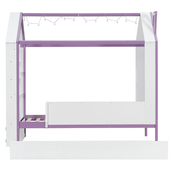 English Elm Twin House Bed with LED Headboard Pull Out Trundle and Foot End Storage Shelves White+Purple LP000004AAI