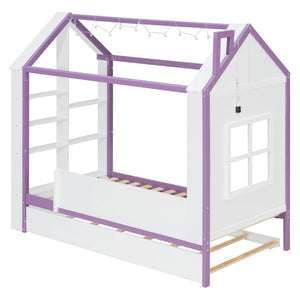 English Elm Twin House Bed with LED Headboard Pull Out Trundle and Foot End Storage Shelves White+Purple LP000004AAI