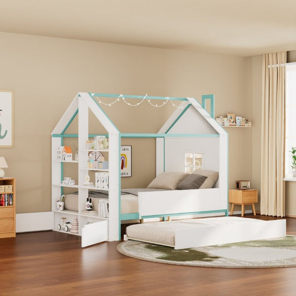 English Elm Full Size House Bed with Trundle LED Lighting Foot Shelves and Architectural Roofline White+Blue LP000005AAC