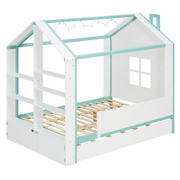 English Elm Full Size House Bed with Trundle LED Lighting Foot Shelves and Architectural Roofline White+Blue LP000005AAC