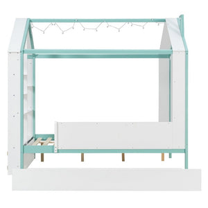 English Elm Full Size House Bed with Trundle LED Lighting Foot Shelves and Architectural Roofline White+Blue LP000005AAC