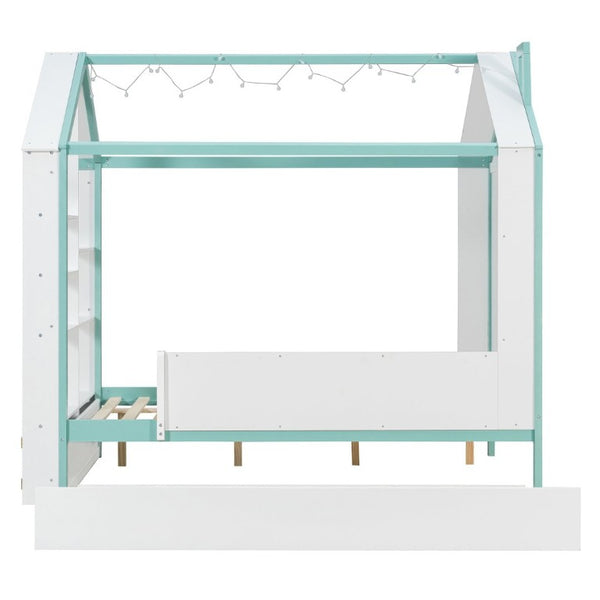 English Elm Full Size House Bed with Trundle LED Lighting Foot Shelves and Architectural Roofline White+Blue LP000005AAC