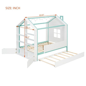 English Elm Full Size House Bed with Trundle LED Lighting Foot Shelves and Architectural Roofline White+Blue LP000005AAC