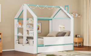 English Elm Full Size House Bed with Trundle LED Lighting Foot Shelves and Architectural Roofline White+Blue LP000005AAC