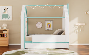 English Elm Full Size House Bed with Trundle LED Lighting Foot Shelves and Architectural Roofline White+Blue LP000005AAC