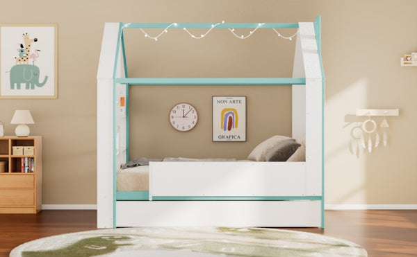 English Elm Full Size House Bed with Trundle LED Lighting Foot Shelves and Architectural Roofline White+Blue LP000005AAC