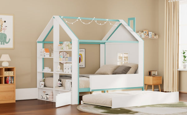 English Elm Full Size House Bed with Trundle LED Lighting Foot Shelves and Architectural Roofline White+Blue LP000005AAC