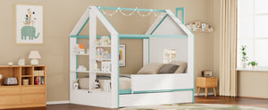 English Elm Full Size House Bed with Trundle LED Lighting Foot Shelves and Architectural Roofline White+Blue LP000005AAC