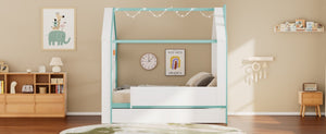 English Elm Full Size House Bed with Trundle LED Lighting Foot Shelves and Architectural Roofline White+Blue LP000005AAC