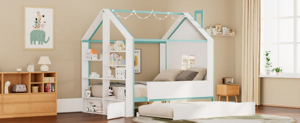 English Elm Full Size House Bed with Trundle LED Lighting Foot Shelves and Architectural Roofline White+Blue LP000005AAC