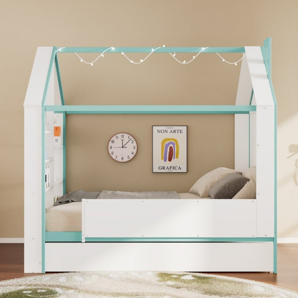 English Elm Full Size House Bed with Trundle LED Lighting Foot Shelves and Architectural Roofline White+Blue LP000005AAC